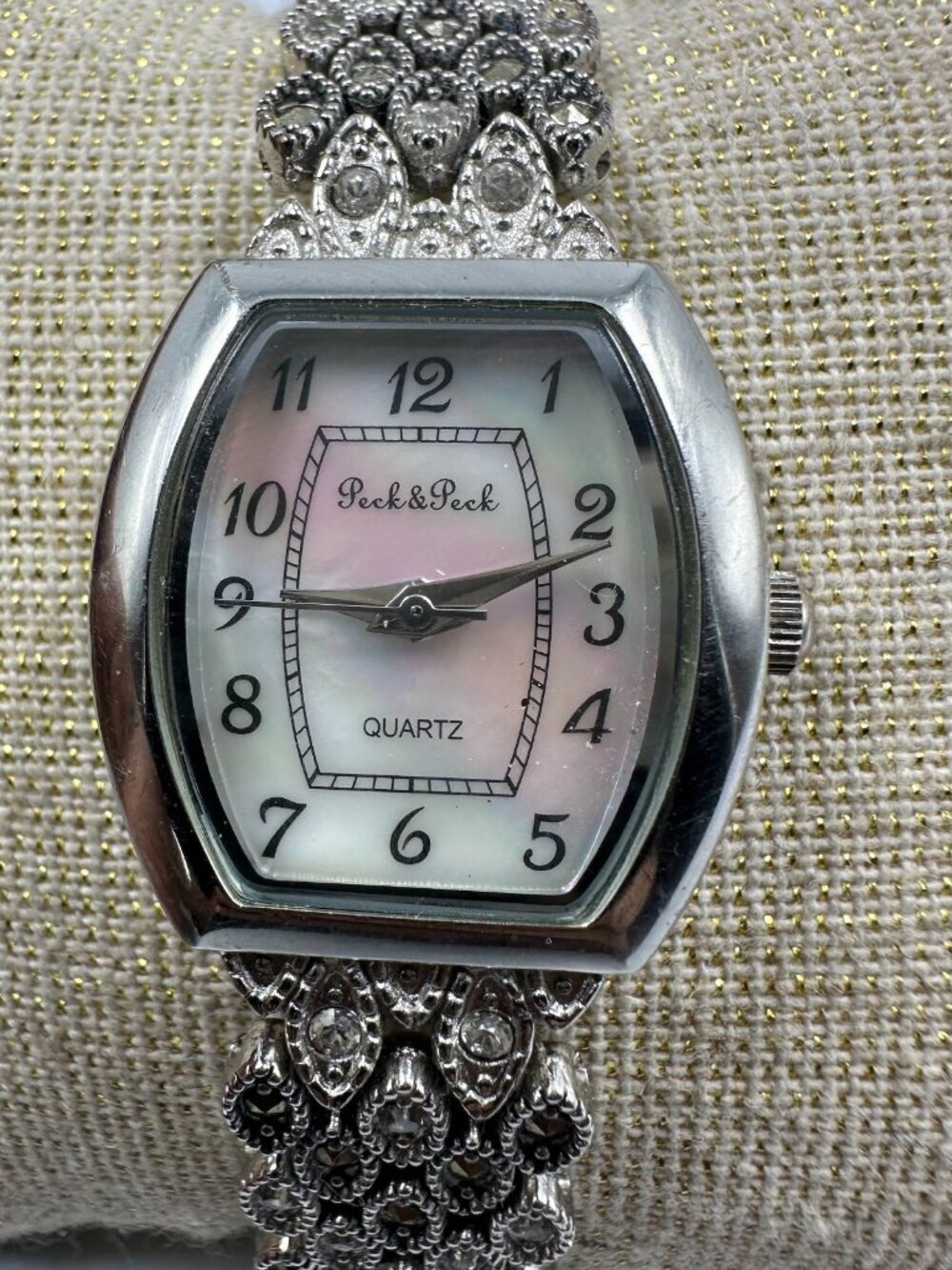 Peck & Peck Watch Silver Tone Marcasite Band MOP Dial New Battery 7 Inch